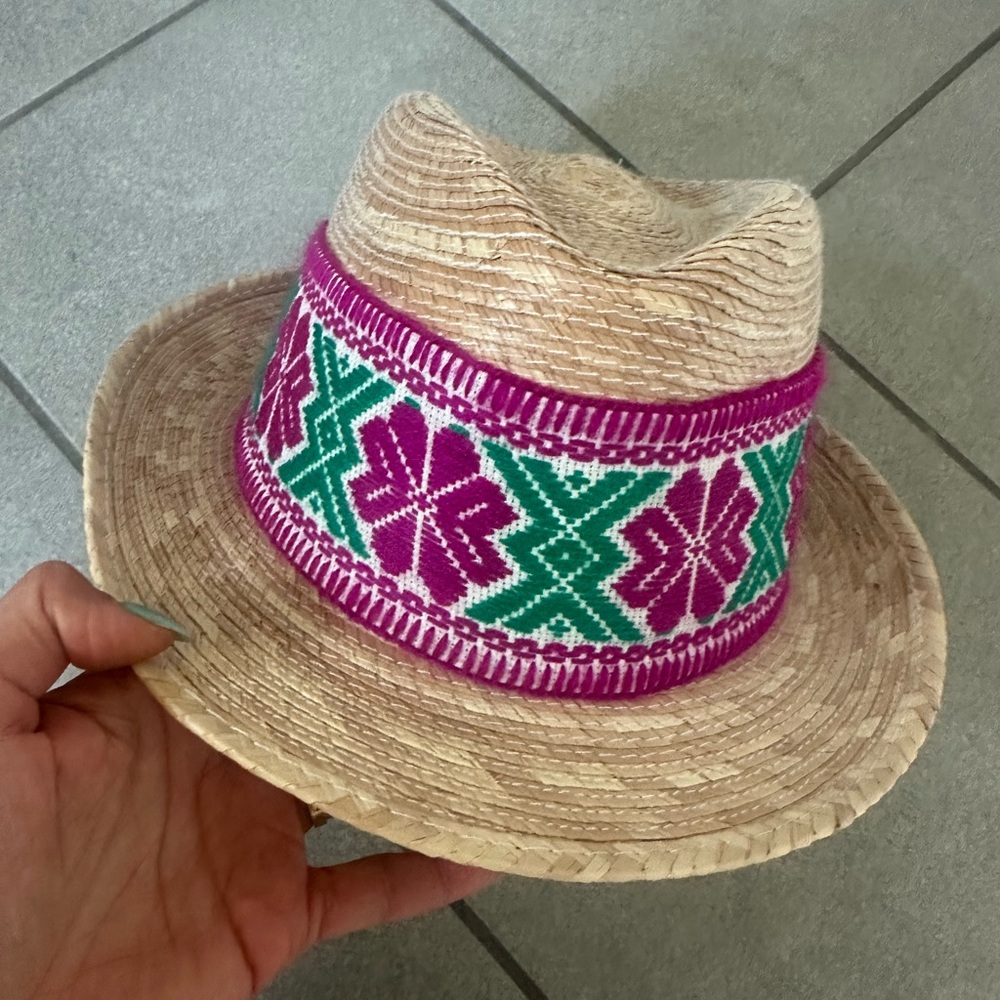 Straw Hat with Pink and Green Pattern with raffia flowers and elastic band